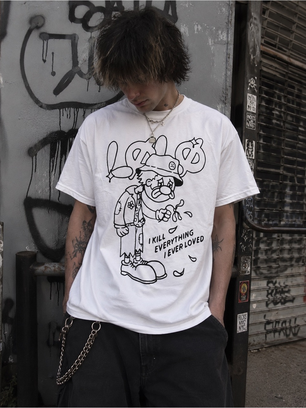 Clown Graphic Tee I Kill Everything I Ever Loved White Shirt Unisex Large Emo